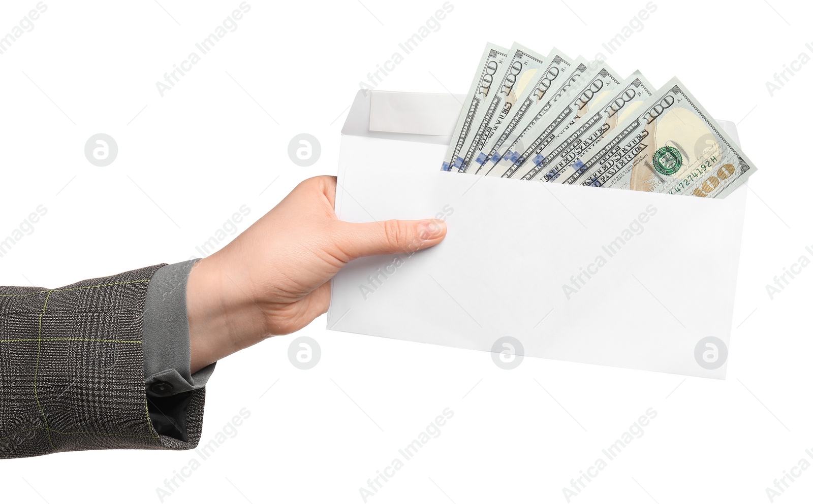 Photo of Money exchange. Woman holding blank envelope with dollar banknotes on white background, closeup