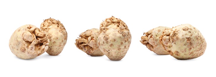 Image of Fresh celery roots isolated on white, set