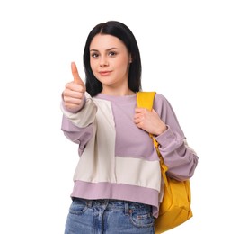 Student with backpack showing thumb up on white background