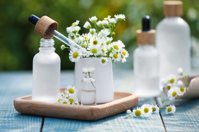 Bottles of chamomile essential oil, pipette and flowers on grey wooden table
