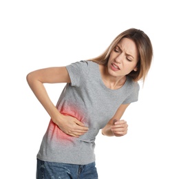 Photo of Young woman suffering from liver pain on white background