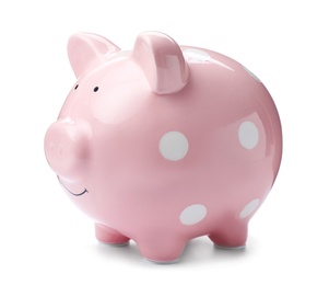 Photo of Pink piggy bank on white background. Money saving