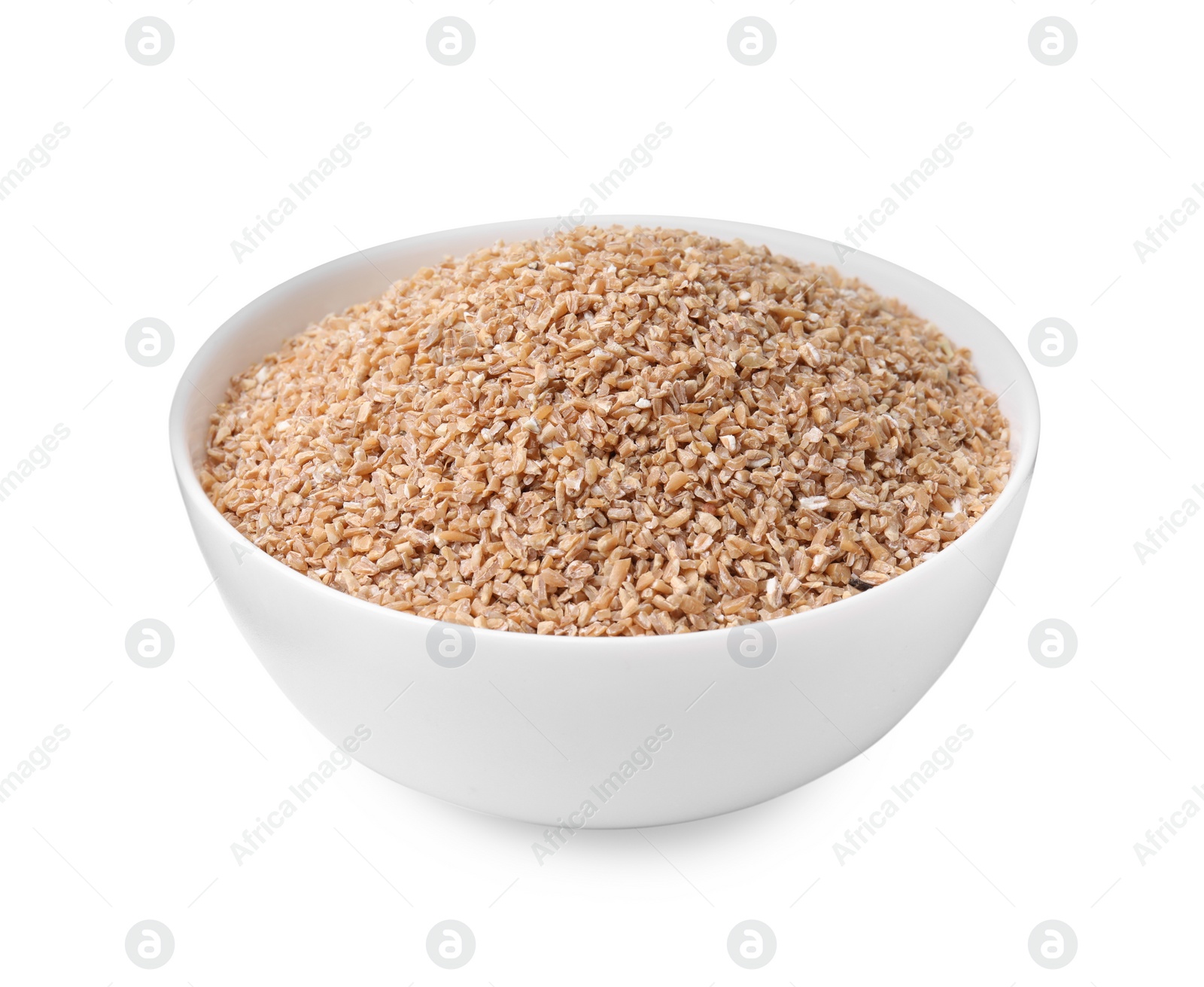 Photo of Dry wheat groats in bowl isolated on white