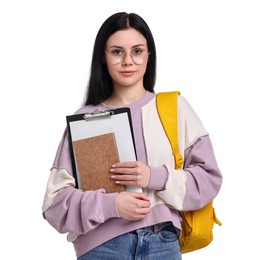 Student with notebook, clipboard and backpack on white background