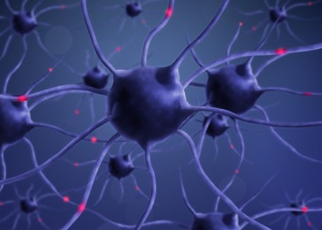 Illustration of Impulses traveling between neurons through axons on blue background, illustration
