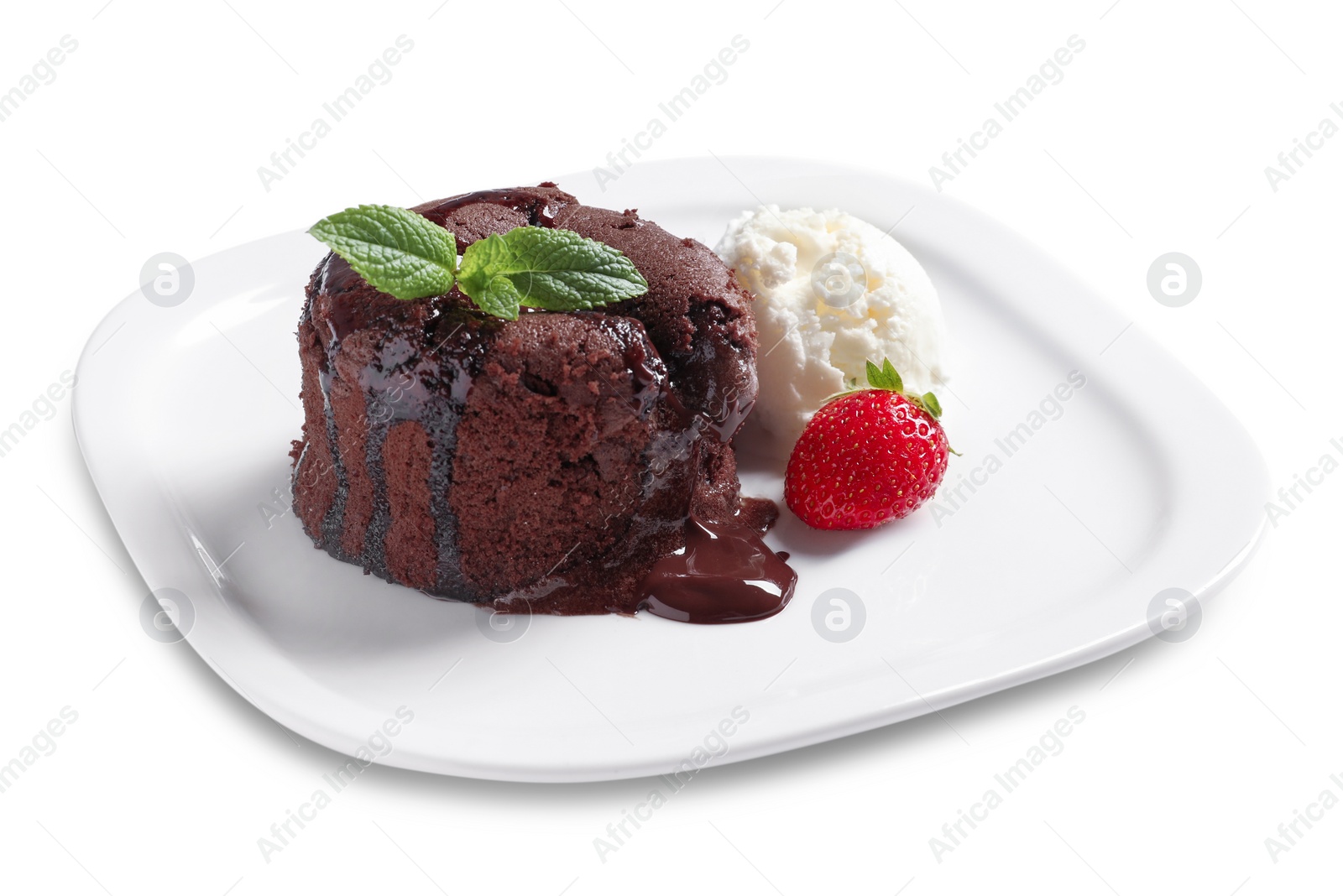 Photo of Plate with fresh chocolate fondant, strawberries and delicious ice cream on white background. Lava cake recipe