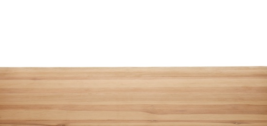 Photo of Stylish wooden table top against white background