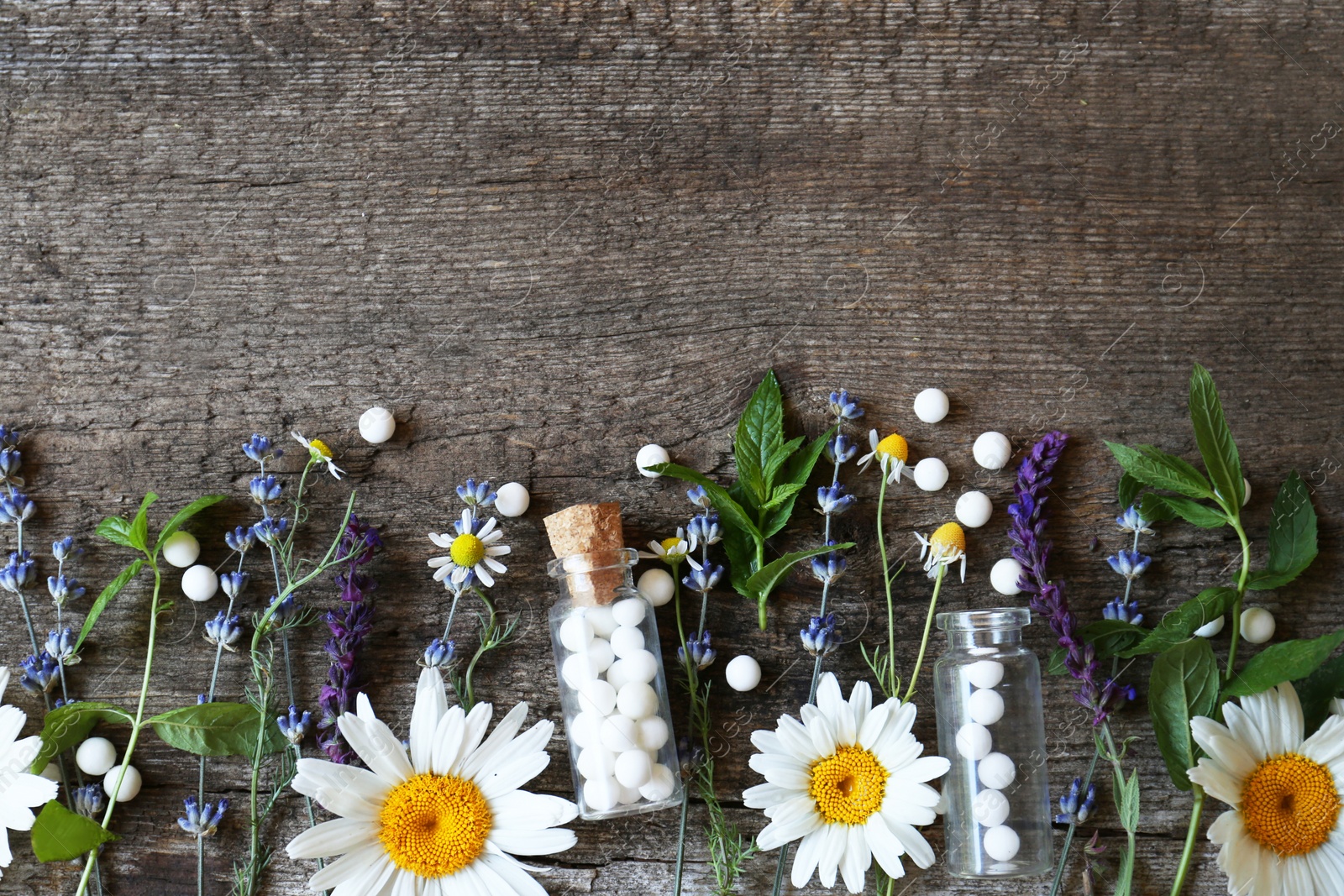 Photo of Bottles of homeopathic remedy and different plants on wooden background, flat lay. Space for text