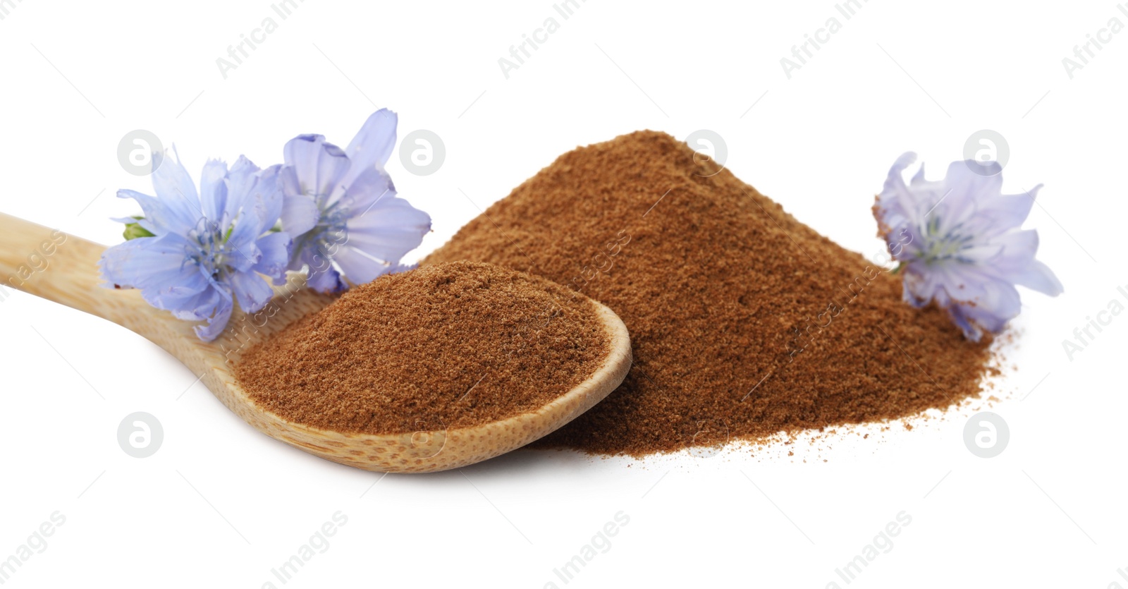 Photo of Spoon, chicory powder and flowers on white background