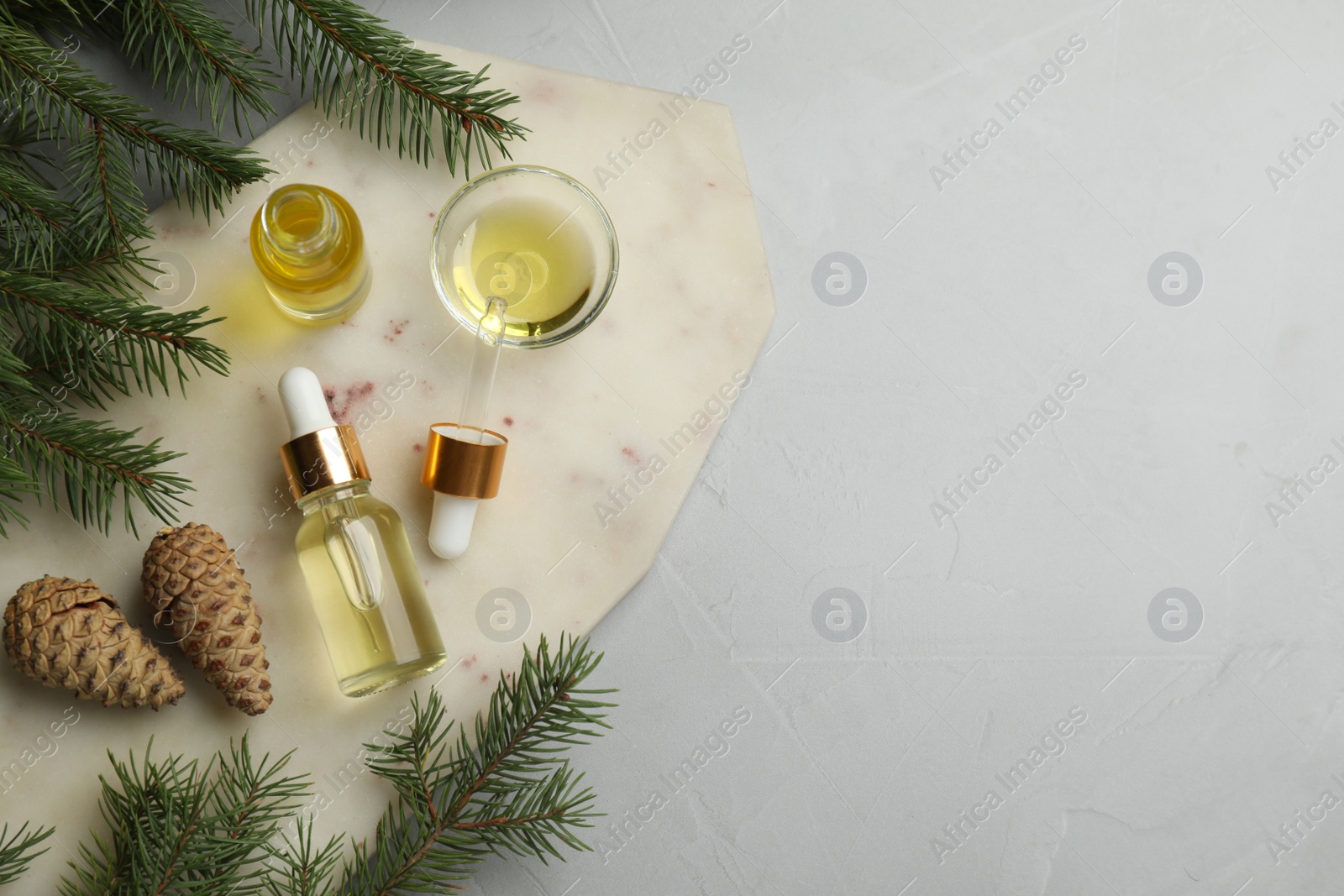 Photo of Pine essential oil, cones and branches on light grey table, flat lay. Space for text