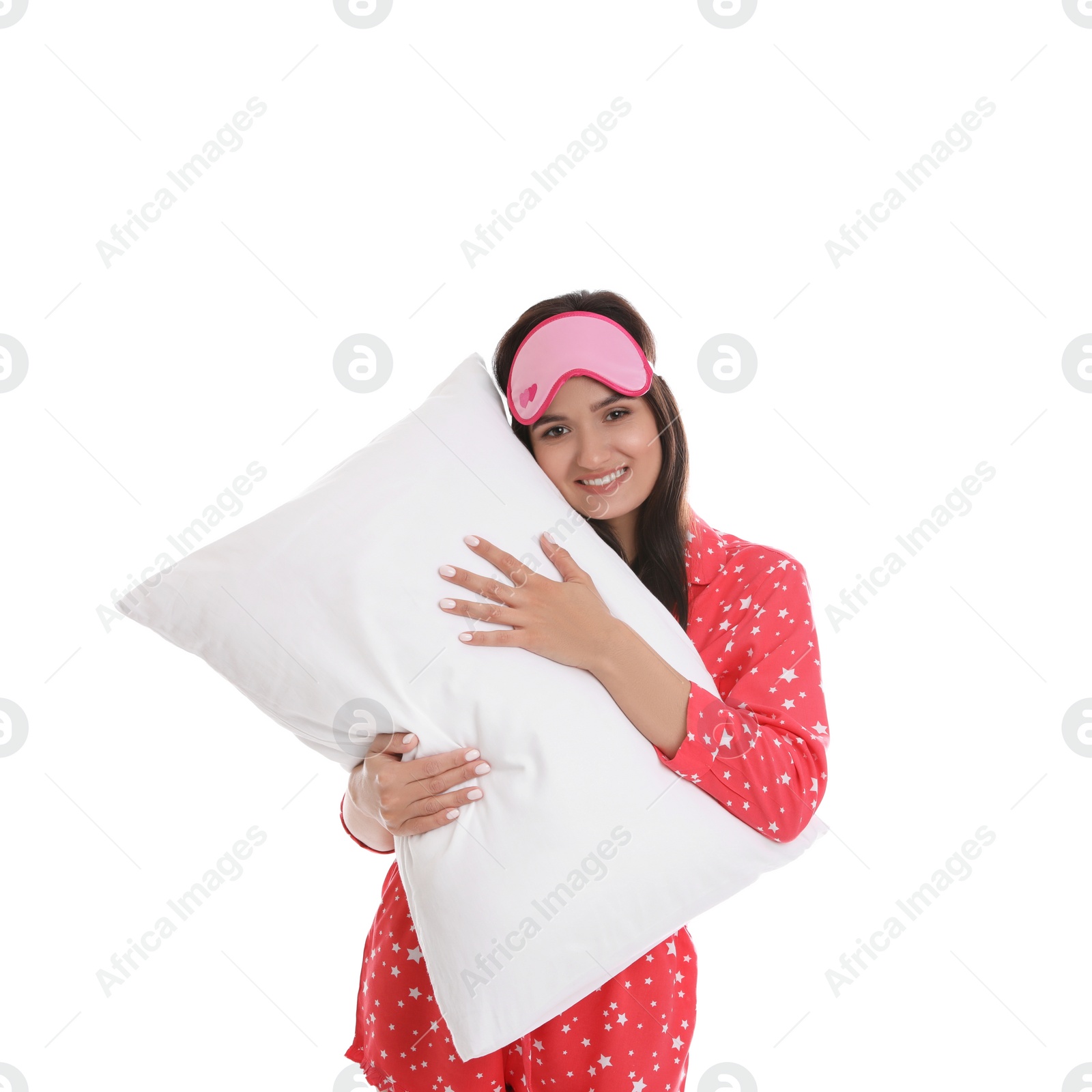 Photo of Beautiful woman with pillow on white background. Bedtime