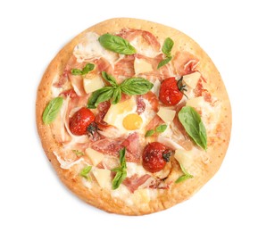 Photo of Pita pizza with prosciutto, pineapple, grilled tomatoes and egg isolated on white, top view