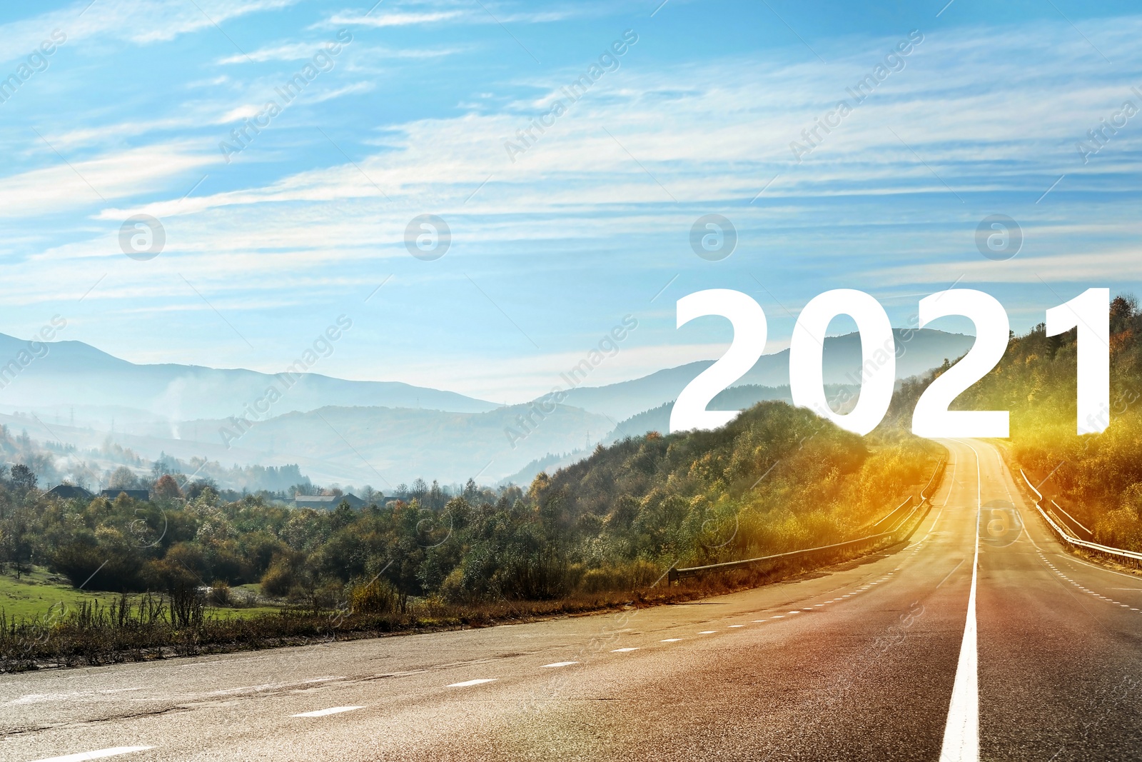 Image of Start new year with fresh vision and ideas. Asphalt road leading to 2021 numbers