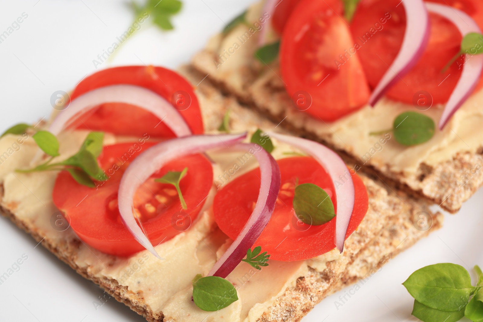 Photo of Fresh crunchy crispbreads with pate, tomatoes, red onion and greens on white plate, closeup