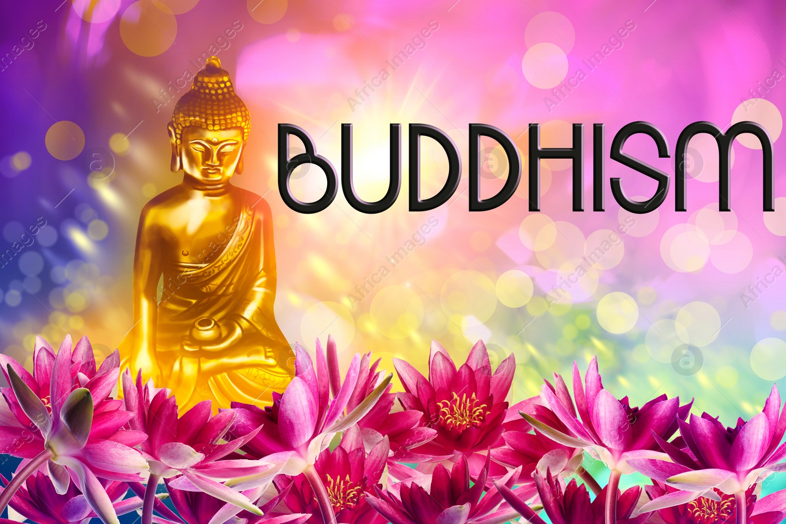 Image of Buddha figure among lotus flowers and word Buddhism on bright background