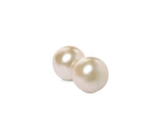 Photo of Two beautiful oyster pearls on white background