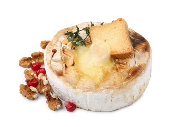 Tasty baked camembert with crouton, thyme, walnuts and pomegranate seeds isolated on white