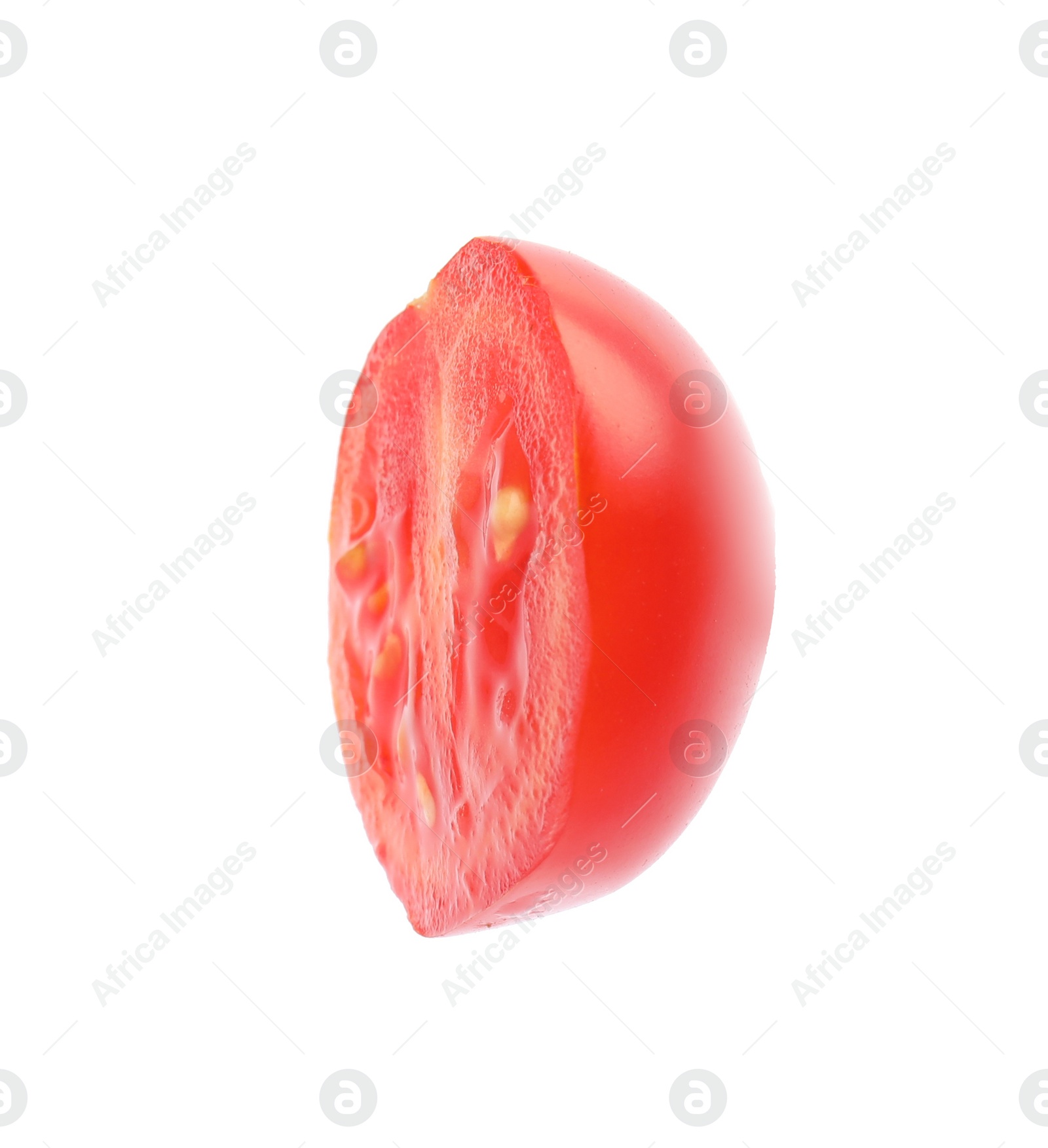 Photo of Half of fresh cherry tomato on white background