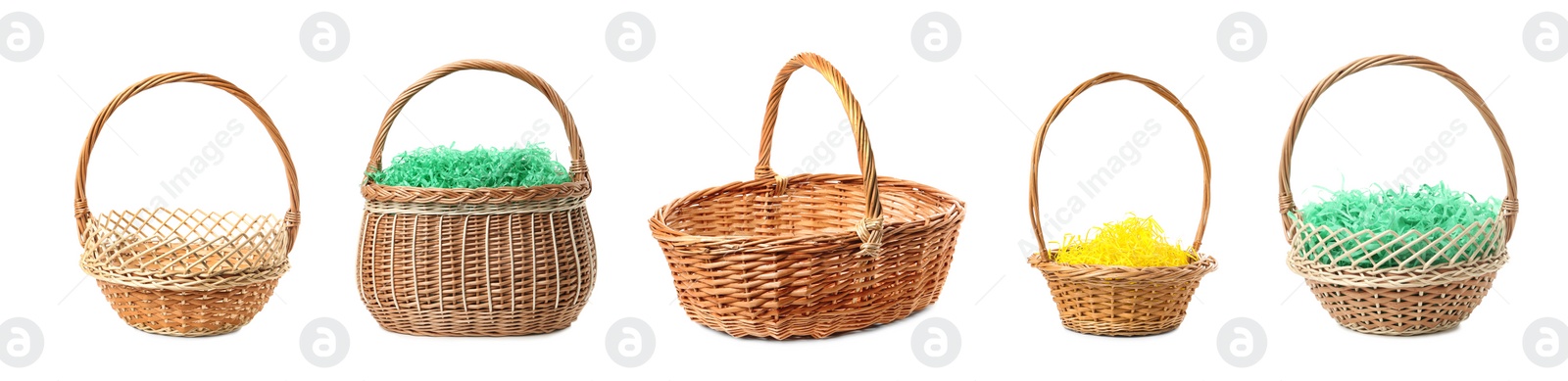 Image of Set with wicker baskets on white background, banner design. Easter item