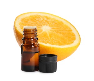 Photo of Bottle of citrus essential oil and fresh orange on white background