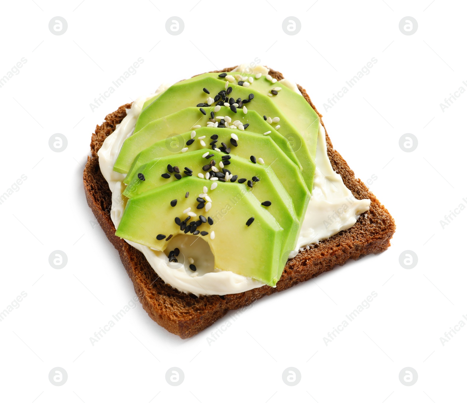 Photo of Toast bread with cream cheese and avocado slices on white background
