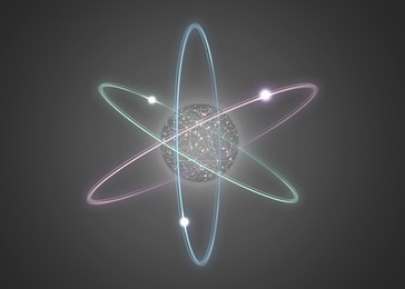 Illustration of Virtual model of atom on grey background. Illustration