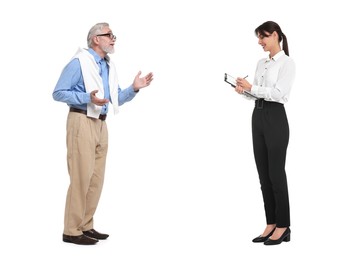Young woman and senior man talking on white background. Dialogue