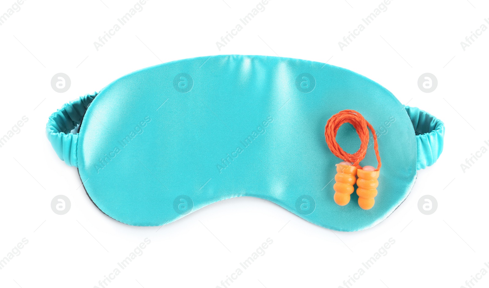 Photo of Pair of ear plugs and light blue sleeping mask on white background, top view