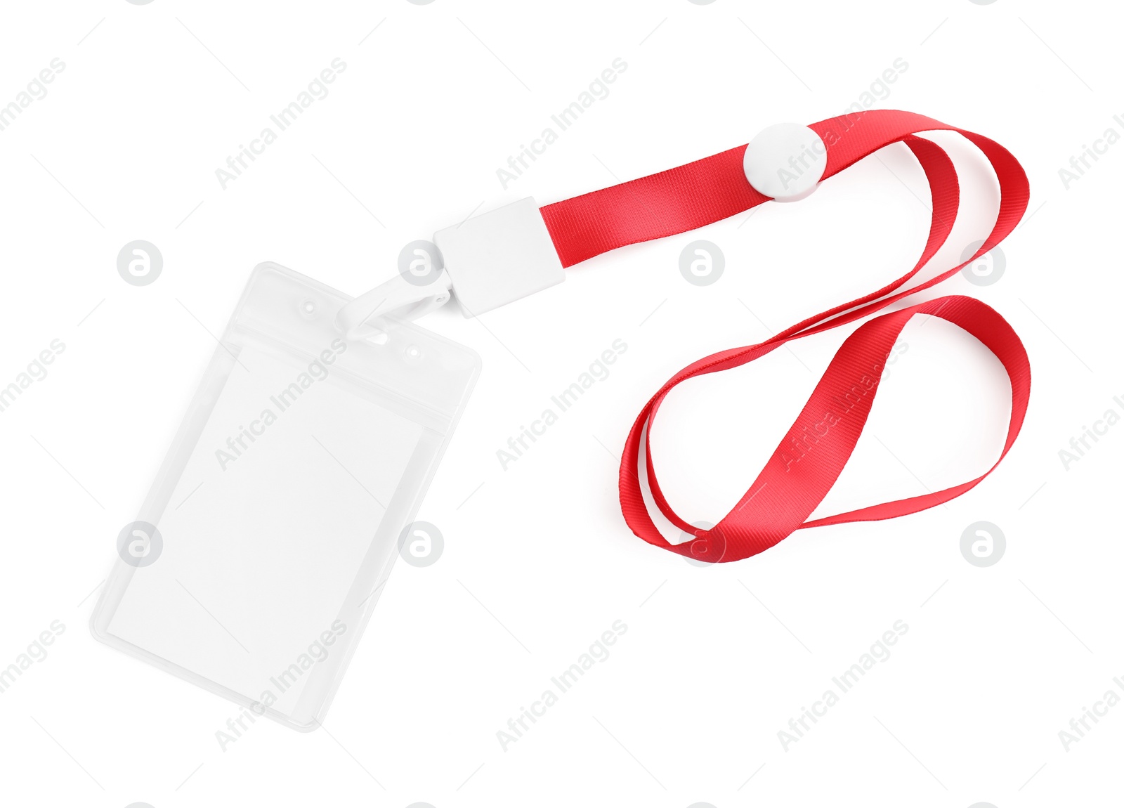 Photo of Blank badge with red string isolated on white, top view