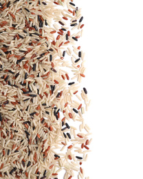 Photo of Mix of brown rice on white background, top view