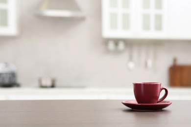 Photo of Cup of drink on counter in kitchen, space for text