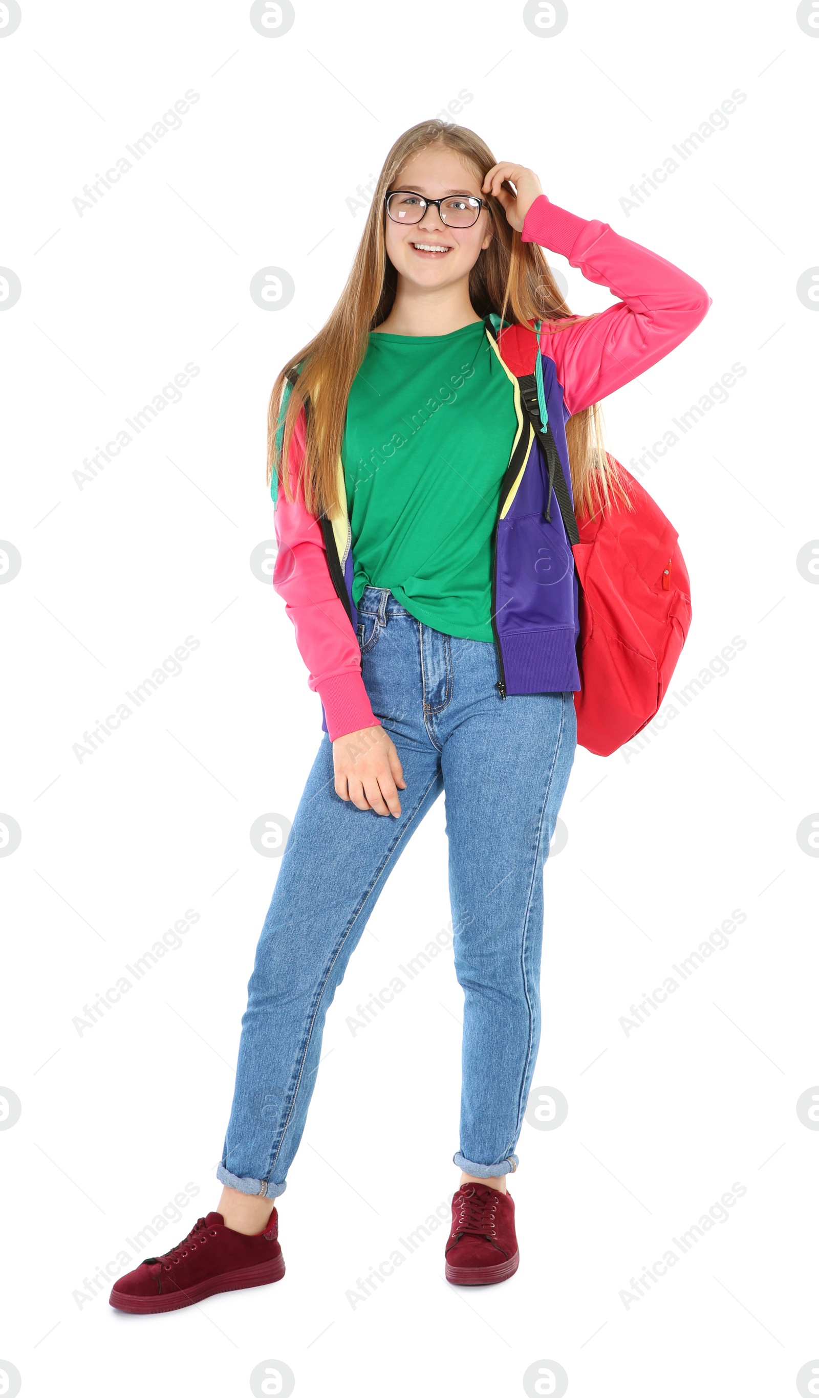 Photo of Happy teenager girl in casual clothes on white background