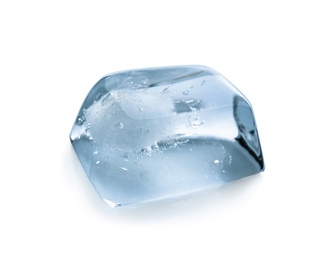 Photo of One crystal ice cube on white background