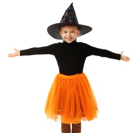 Cute little girl wearing Halloween costume on white background