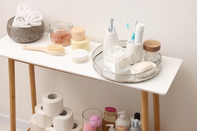 Photo of Different bath accessories and personal care products indoors