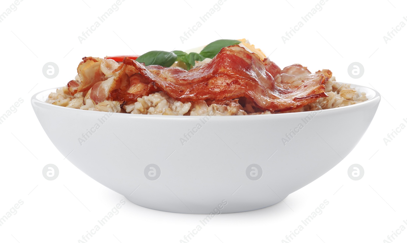Photo of Tasty boiled oatmeal with bacon isolated on white