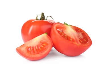 Photo of Tasty fresh raw tomatoes isolated on white