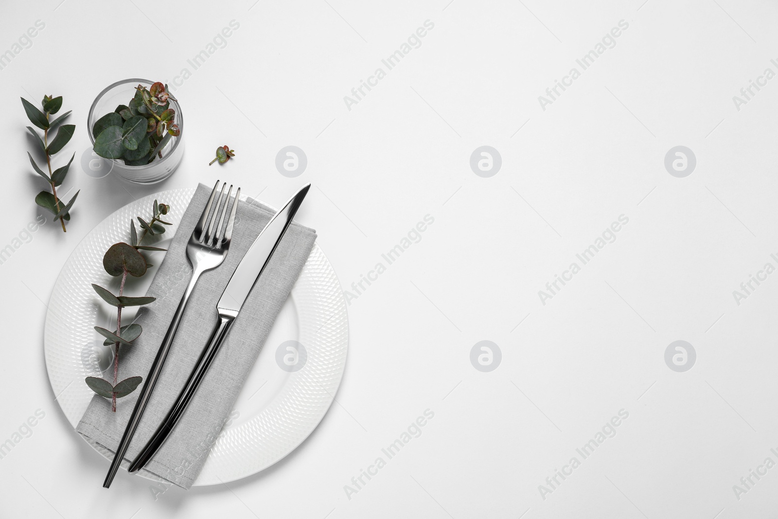 Photo of Stylish setting with cutlery and eucalyptus leaves on white background, top view. Space for text