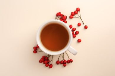 Photo of Aromatic hawthorn tea in cup and berries on beige table, top view