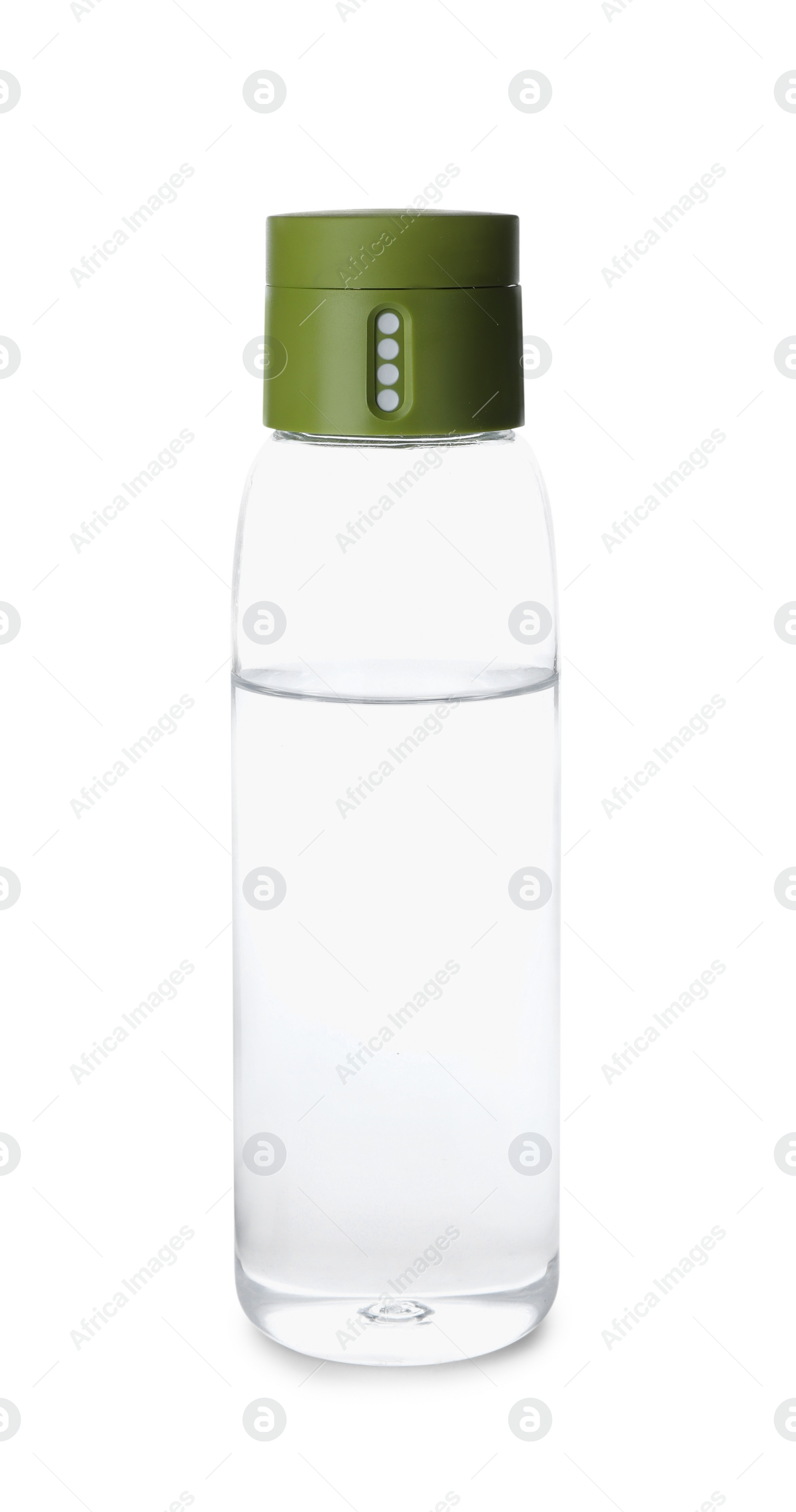 Photo of Stylish water bottle isolated on white. Cycling accessory