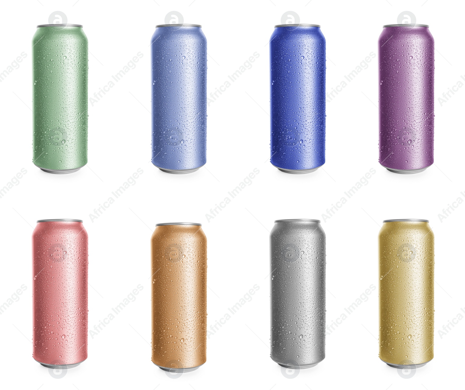 Image of Set with different colorful aluminium cans of beverage on white background