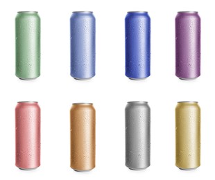 Image of Set with different colorful aluminium cans of beverage on white background