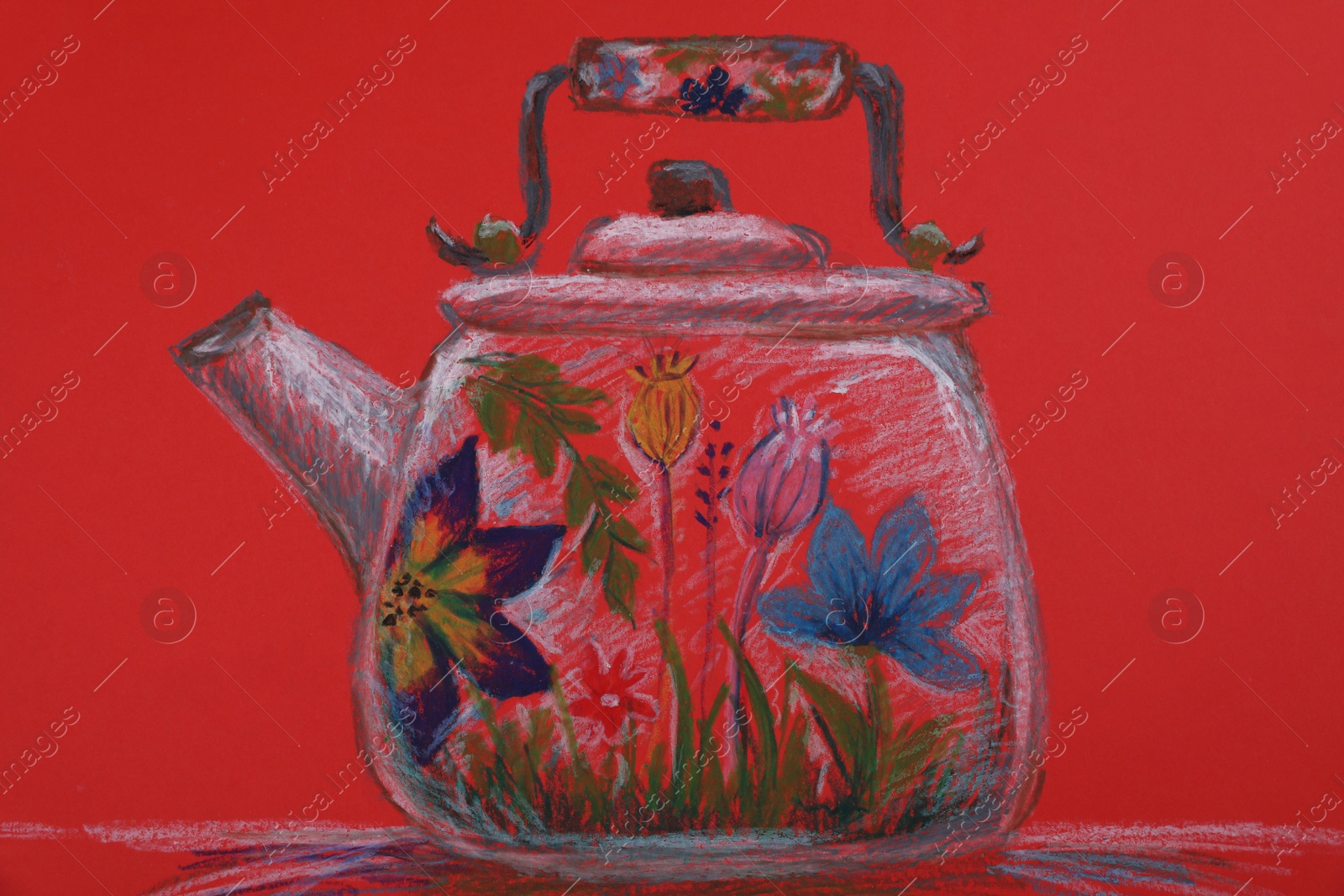 Photo of Pastel drawing of beautiful kettle with floral pattern on red background