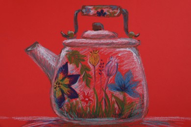 Pastel drawing of beautiful kettle with floral pattern on red background