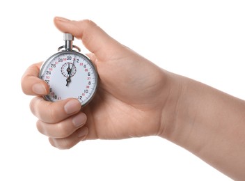 Photo of Woman holding vintage timer on white background, closeup