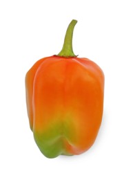 Photo of Fresh raw hot chili pepper isolated on white, top view