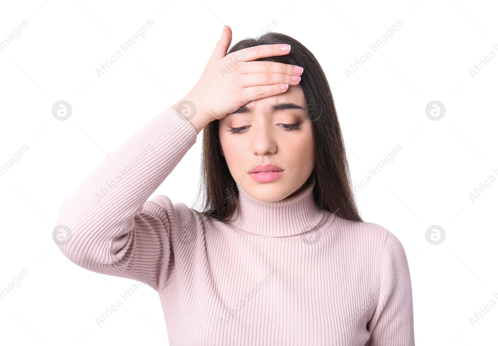 Photo of Young woman suffering from headache on white background