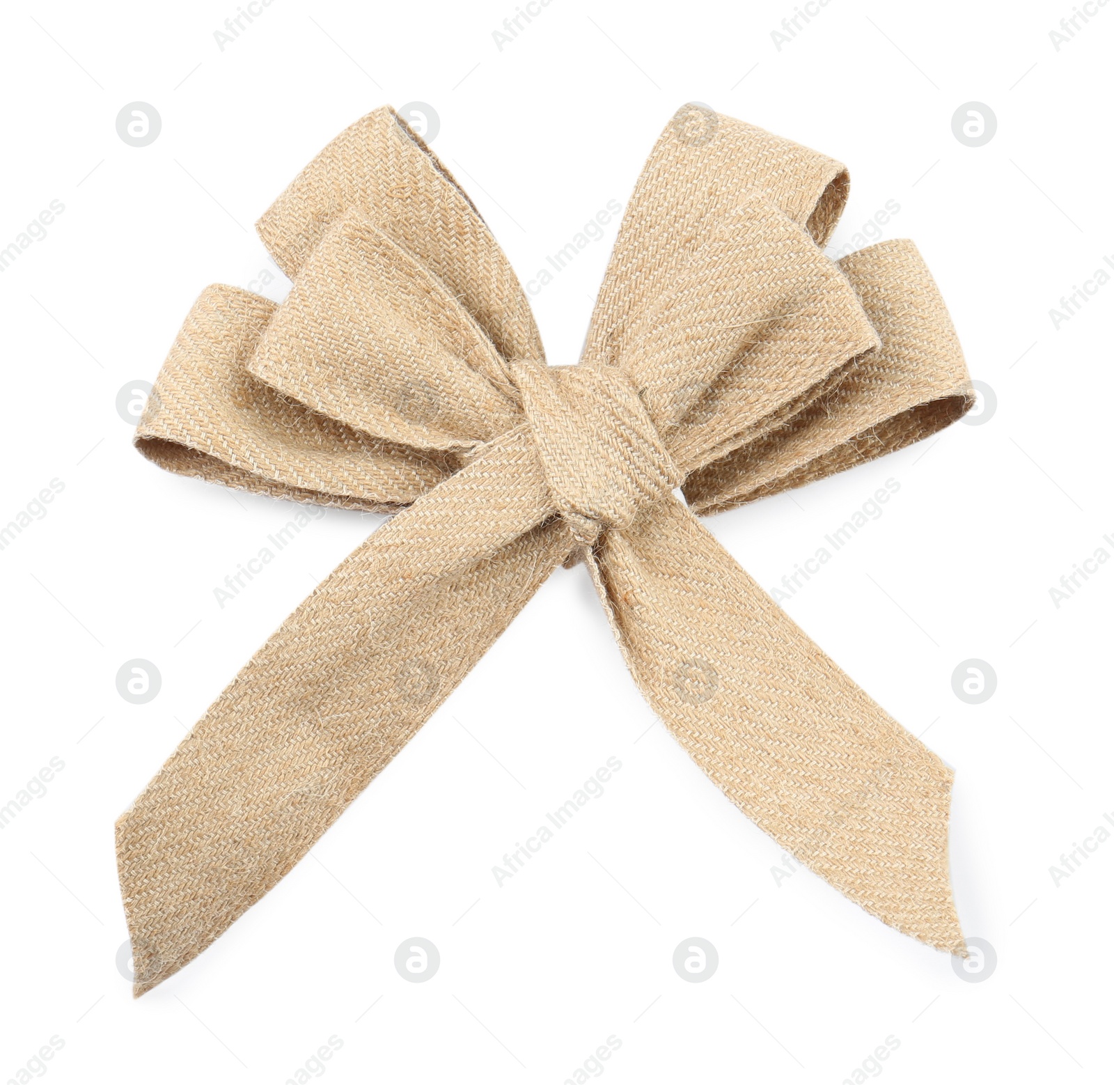 Photo of One beautiful burlap bow isolated on white, top view