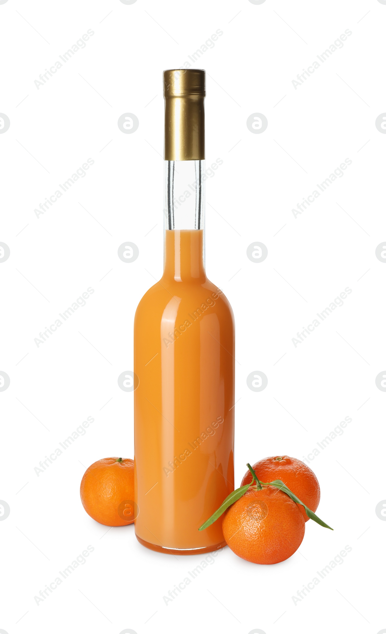 Photo of Bottle of tasty tangerine liqueur and fresh fruits isolated on white