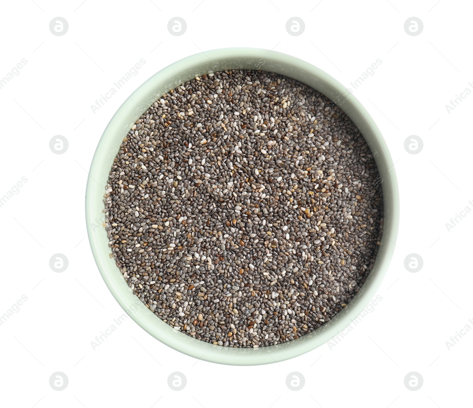 Photo of Bowl with chia seeds isolated on white, top view